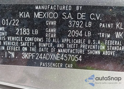 2022 Kia Forte Lxs из США, поврежденный, VIN 3KPF24ADXNE457054